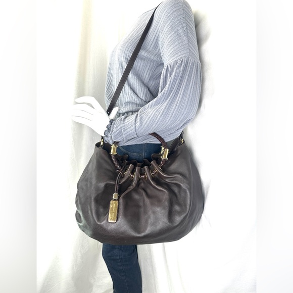 Michael Kors Brown Leather Medium Hobo Shoulder Bag Round Woven Handles Grommets - Picture 2 of 11